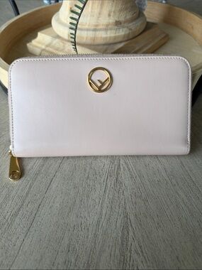 Fendi F Round Long Wallet Pink Leather